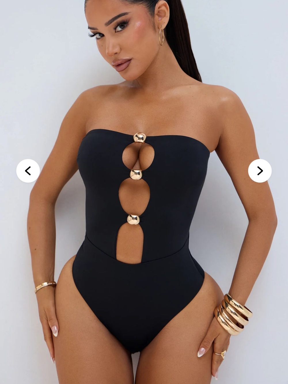 Fashion Nova Sail The Waters Strapless Bead 1 Piece Swimsuit - Black/Gold